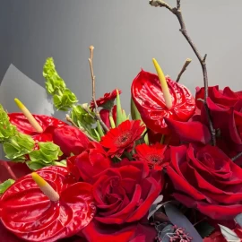 Bouquet of red French roses, anthurium, and mixed flowers (pre-order, 14 days)