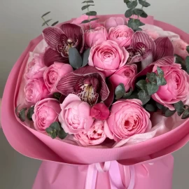 Bouquet with peony roses and orchids (pre-order)