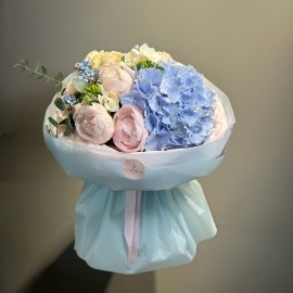 Bouquet with Blue Hydrangea, Dutch Peonies, and Roses