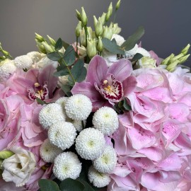 Bouquet of pink hydrangeas, eustomas, and orchids