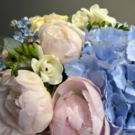 Bouquet with Blue Hydrangea, Dutch Peonies, and Roses