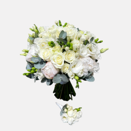 Bridal bouquet with freesia and peonies