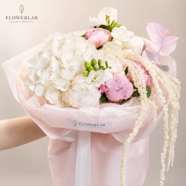 Bouquet with hydrangea, peonies and amaranthus (pre-order)