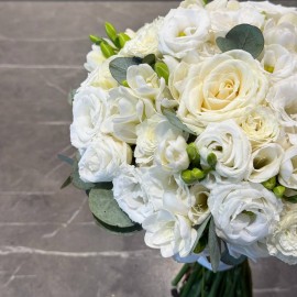 Bridal bouquet with freesias, roses, and lisianthus (on pre-order)