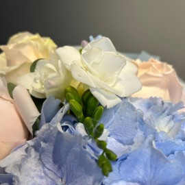Bouquet with Blue Hydrangea, Dutch Peonies, and Roses
