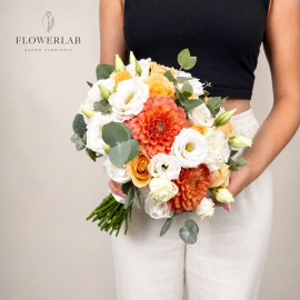 Buchet de mireasă cu trandafiri, dalii și lisianthus (la comandă 14 zile)