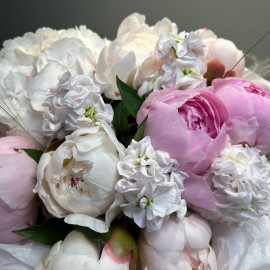 Bouquet with white hydrangea, peonies and matthiola
