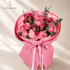 Bouquet with peony roses and orchids (pre-order)