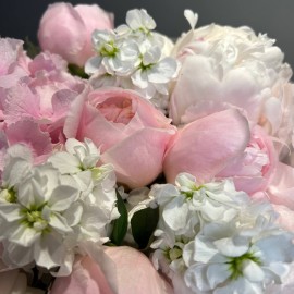 Bouquet with pink hydrangea, peonies, and matthiola