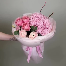 Bouquet with ranunculus, hydrangea and peony roses (pre-order)