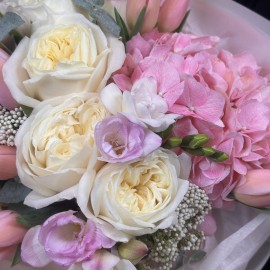Bouquet with hydrangea, tulips, and roses