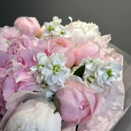 Bouquet with pink hydrangea, peonies, and matthiola