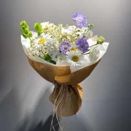 Bouquet of daisies, scabiosa, molucella, matthiola, and eustoma