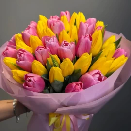 Bright Pink and Yellow Tulip Bouquet (45 stems) (pre-order)