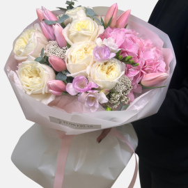 Bouquet with hydrangea, tulips, and roses