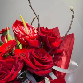 Bouquet of red French roses, anthurium, and mixed flowers (pre-order, 14 days)
