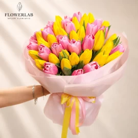 Bright Pink and Yellow Tulip Bouquet (45 stems) (pre-order)