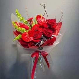 Bouquet of red French roses, anthurium, and mixed flowers (pre-order, 14 days)