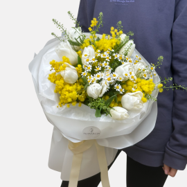 Bouquet with mimosa and tulips