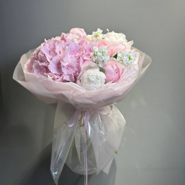 Bouquet with pink hydrangea, peonies, and matthiola