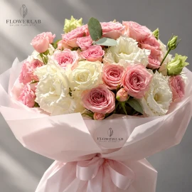 Buchet cu trandafiri de tufă și lisianthus