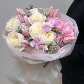 Bouquet with hydrangea, tulips, and roses