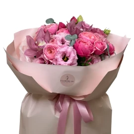 Bouquet with peony roses and orchid