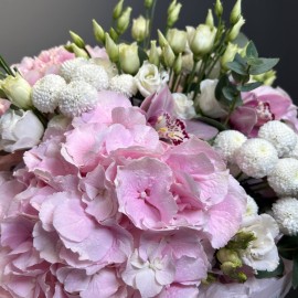 Bouquet of pink hydrangeas, eustomas, and orchids