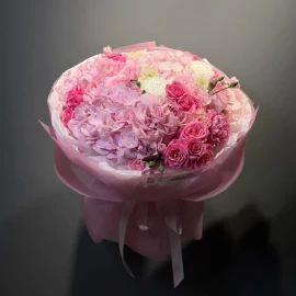 Bouquet of pink hydrangeas, roses and dianthus (pre-order)