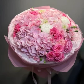 Bouquet of pink hydrangeas, roses and dianthus (pre-order)
